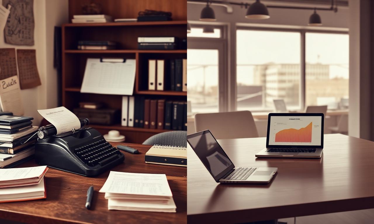 Comparison of an old office with typewriter and a modern office with laptop