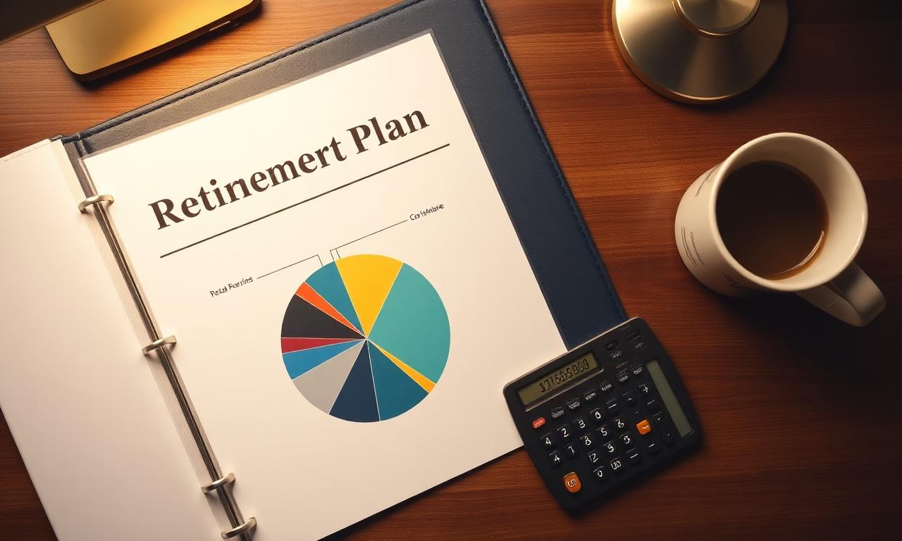 Retirement plan binder with diversified income pie chart and calculator