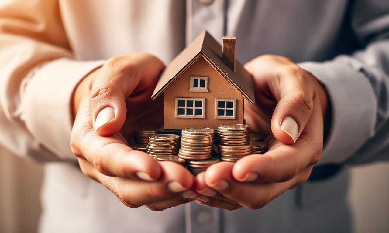 Hands cradling a small house and coins, symbolizing financial safety