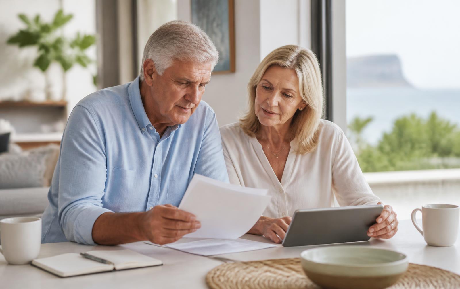 Retired couple reviewing their retirement plan together at a sunlit kitchen table