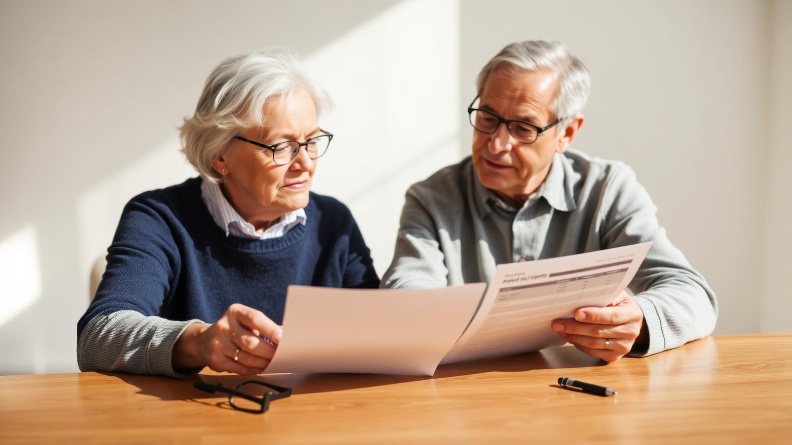 Retirement-age couple reviewing an annuity contract and a cost breakdown together at a sunlit table