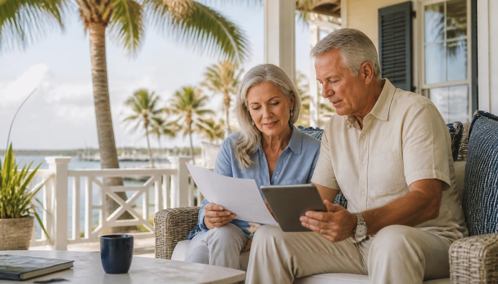 Retired Florida couple reviewing annuity paperwork and a tablet on a waterfront porch