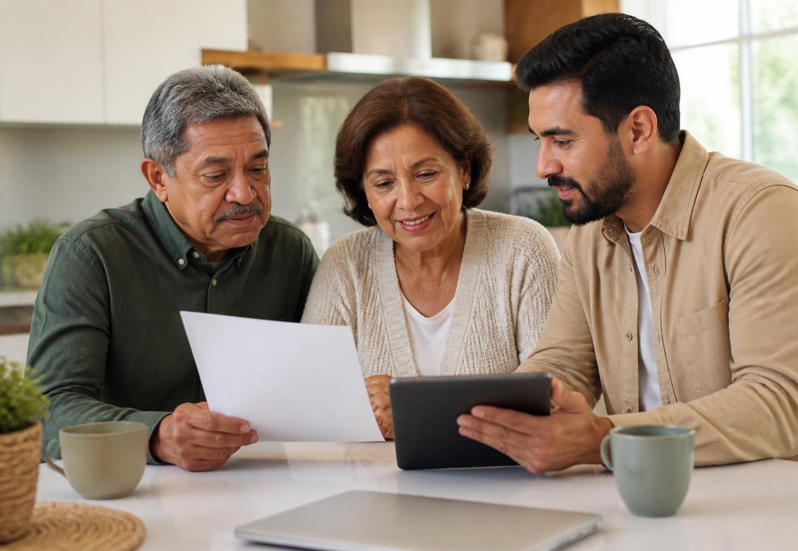 A retirement-age couple reviewing a statement at the kitchen table with their adult son