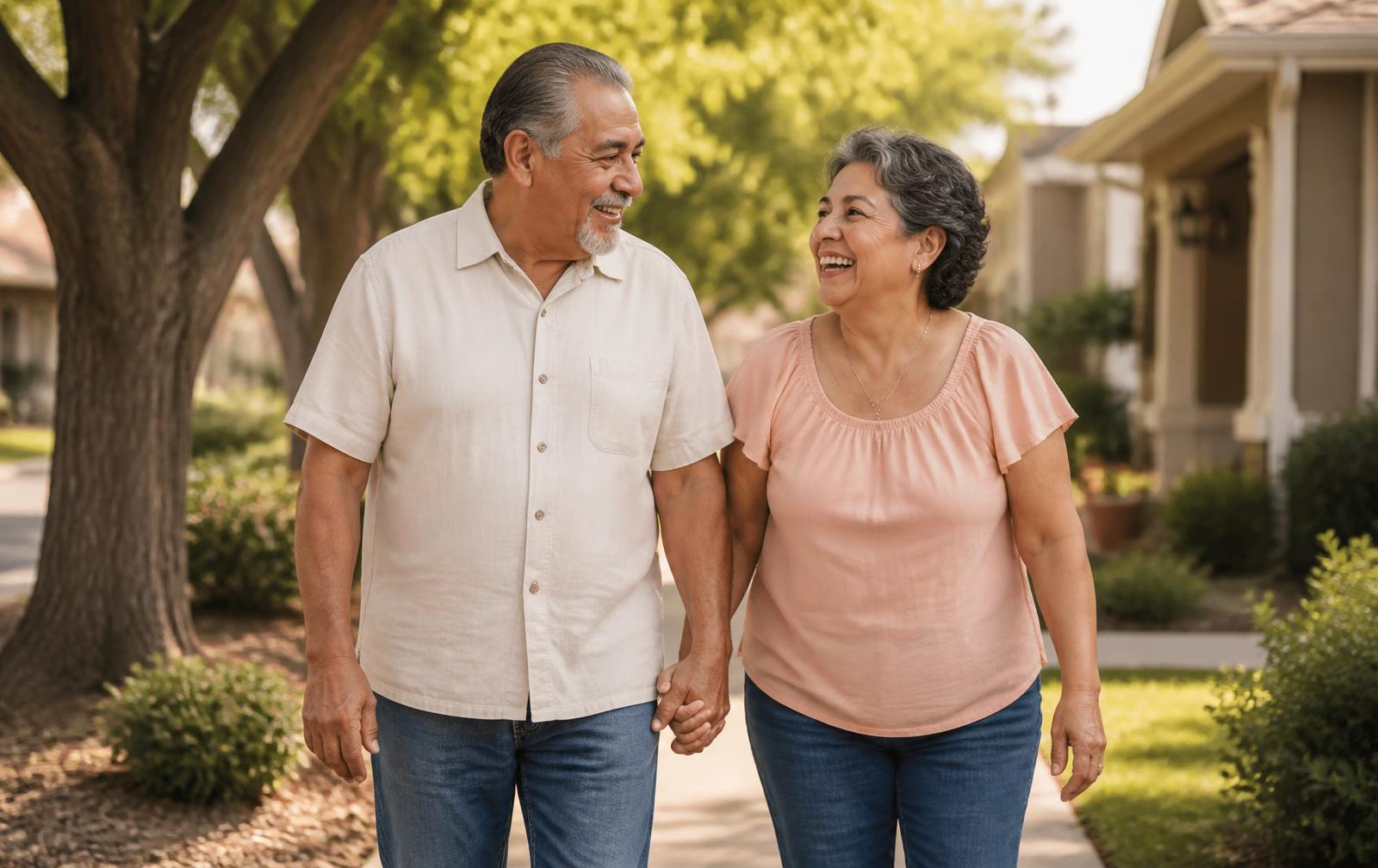 Active retired couple walking together along a tree-lined street in their community