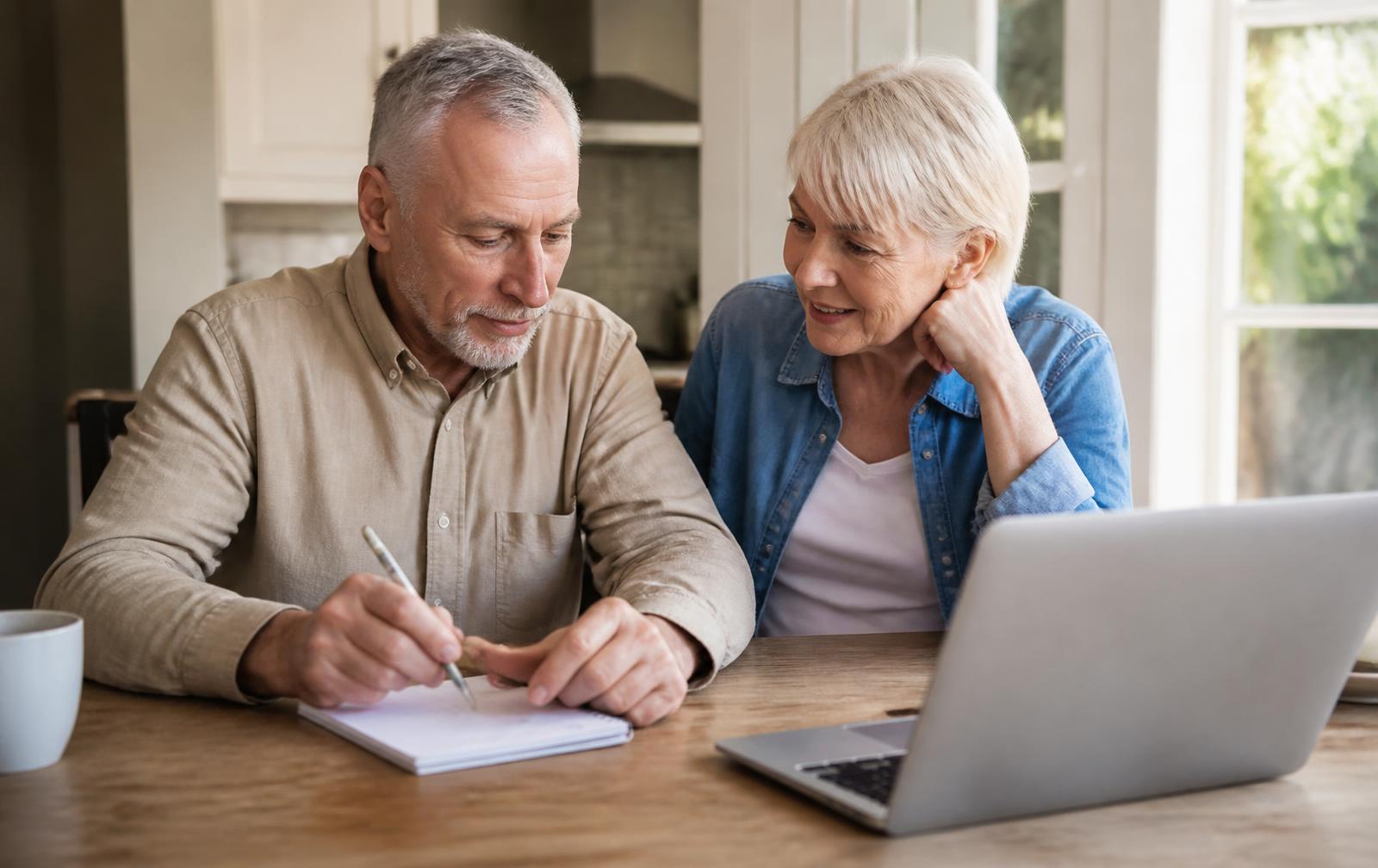 Retired couple planning together at their kitchen table with a notepad and laptop