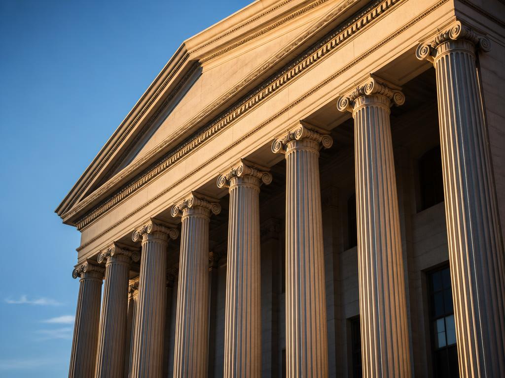 Neoclassical columns of the U.S. Treasury building in warm afternoon light