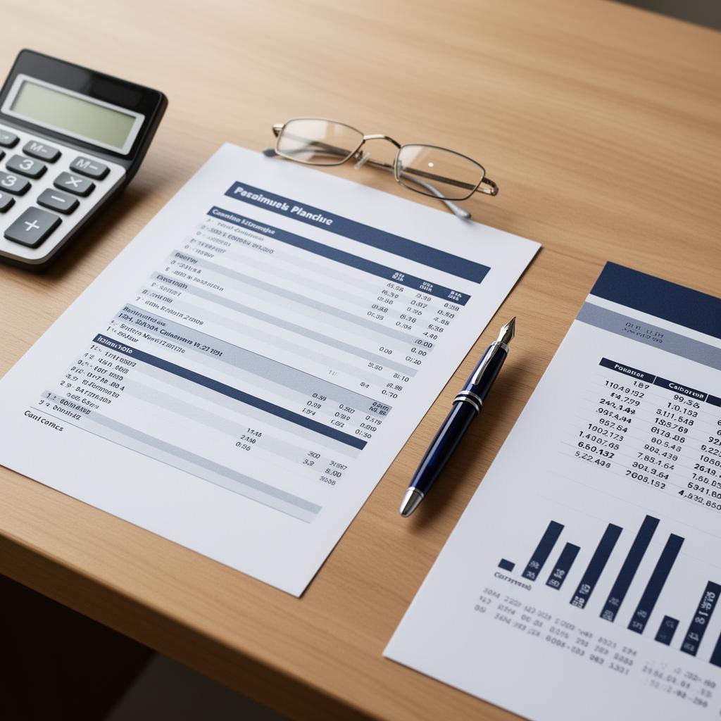 Financial planning documents, calculator, and charts on a desk