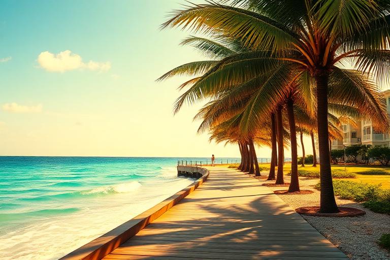 Palm-lined Florida coastal boardwalk at golden hour