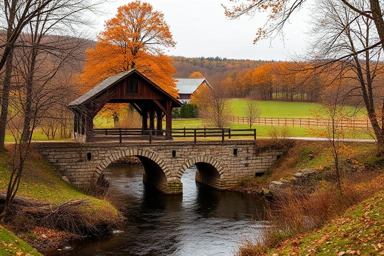 Pennsylvania covered stone bridge surrounded by autumn trees