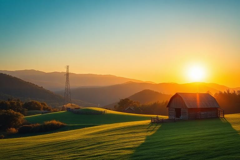 Rolling Tennessee hills with a rustic barn at sunrise