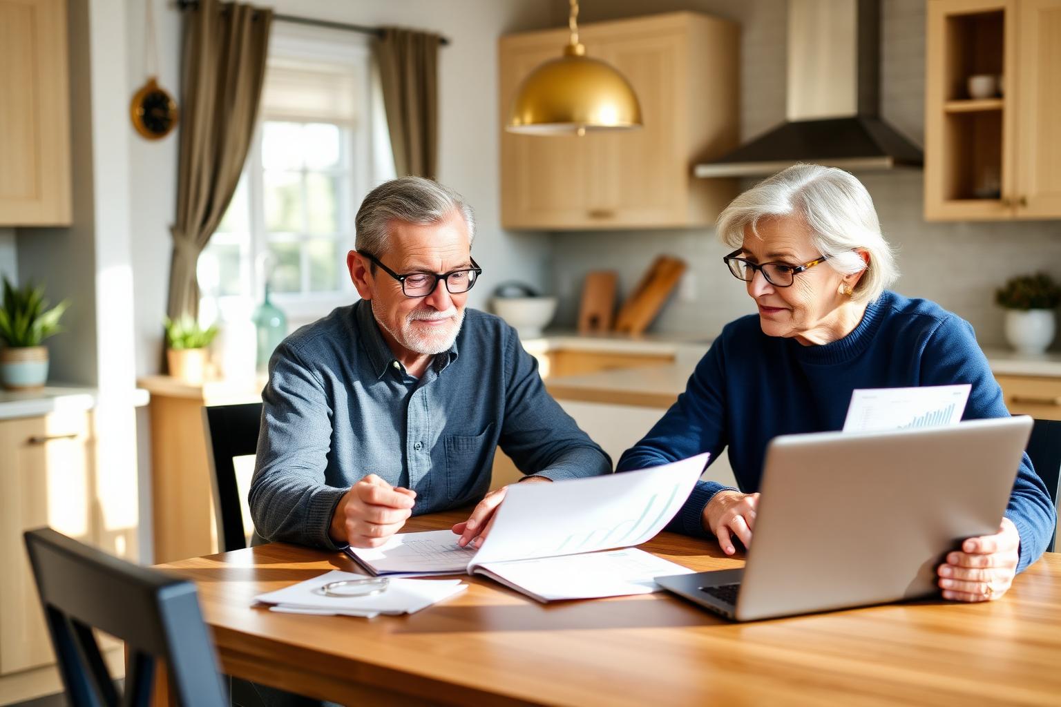 Retired couple reviewing annuity and retirement income documents at home