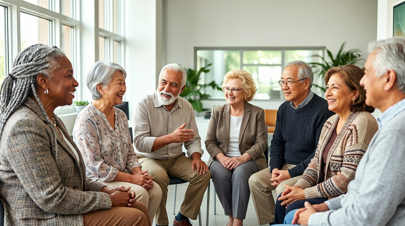 Diverse group of retirees chatting in a bright community space